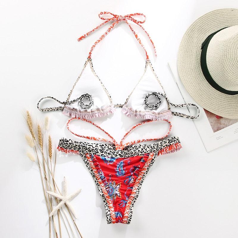 Vintage Print Handwork Bikini Set with Ruffles