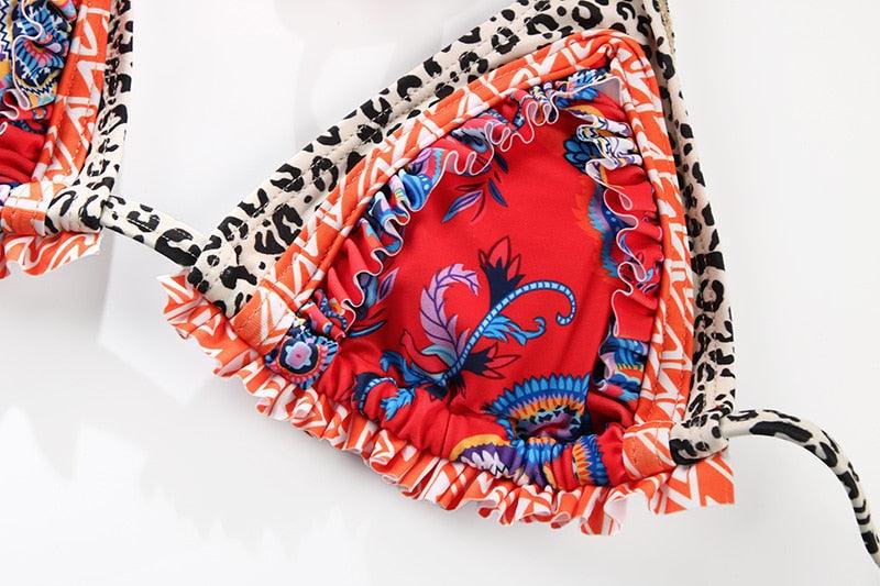 Vintage Print Handwork Bikini Set with Ruffles