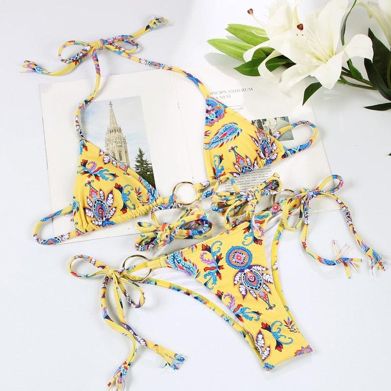 Vintage Print Handwork Bikini Set with Ruffles