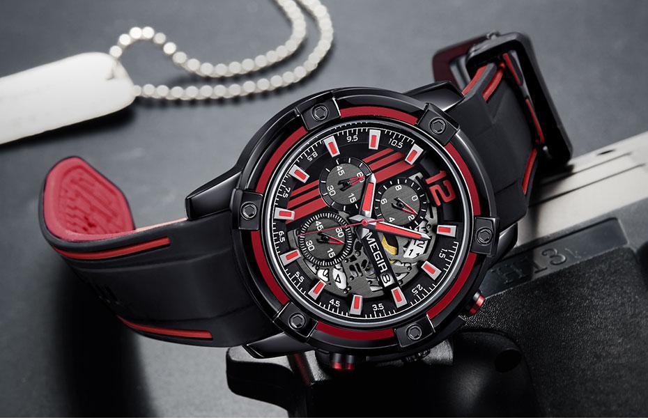 Modern Men's Black Quartz Sports Watch with Silicone Strap