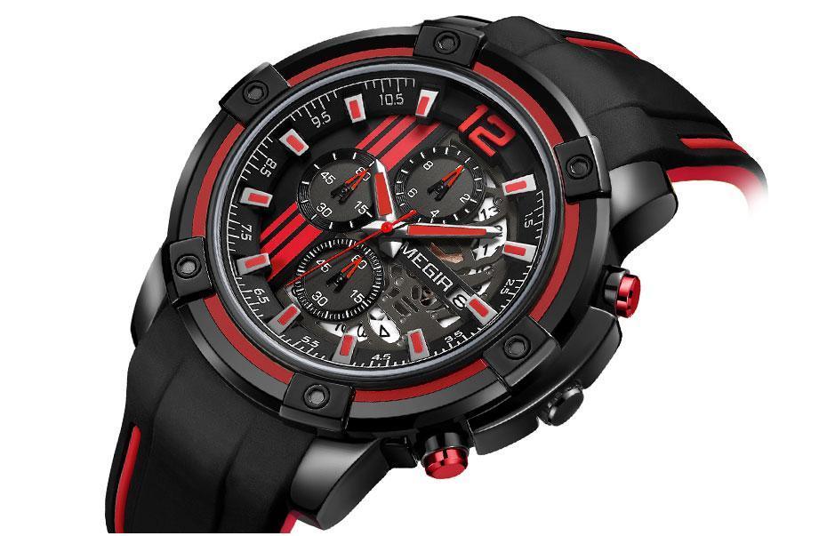 Modern Men's Black Quartz Sports Watch with Silicone Strap
