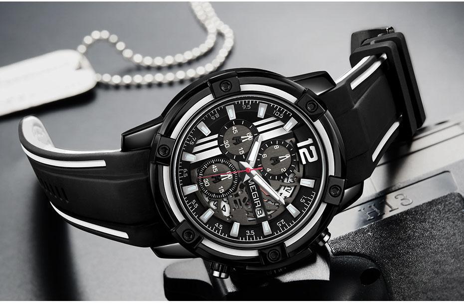 Modern Men's Black Quartz Sports Watch with Silicone Strap