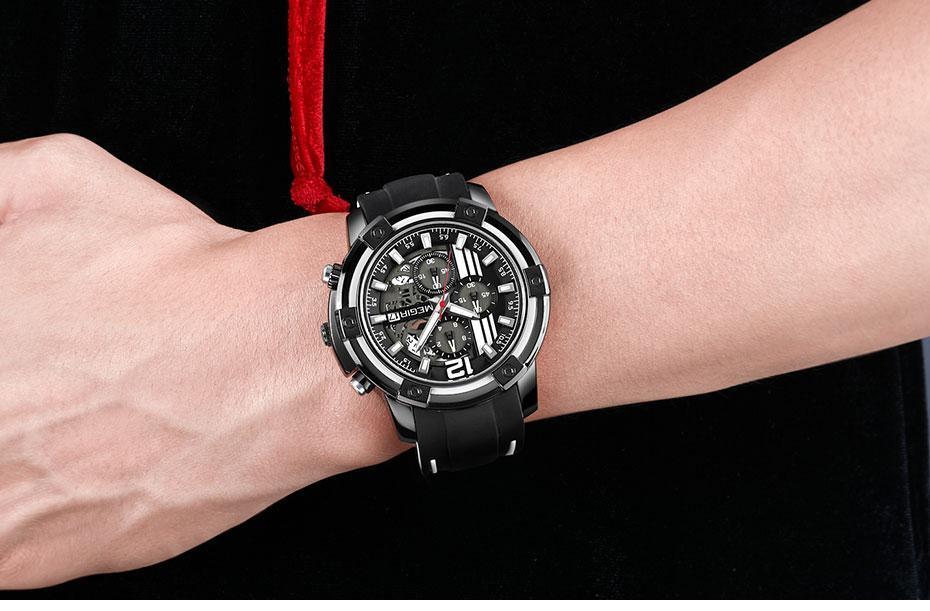 Modern Men's Black Quartz Sports Watch with Silicone Strap
