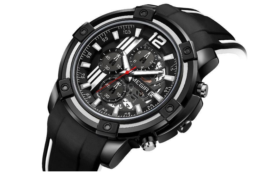Modern Men's Black Quartz Sports Watch with Silicone Strap