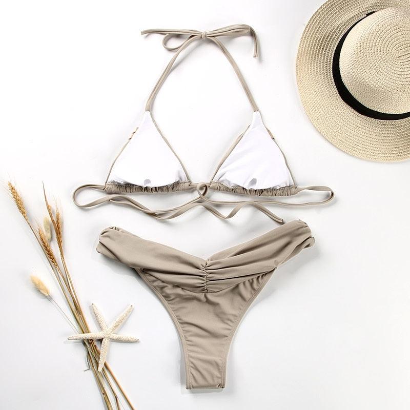 Vintage Print Handwork Bikini Set with Ruffles