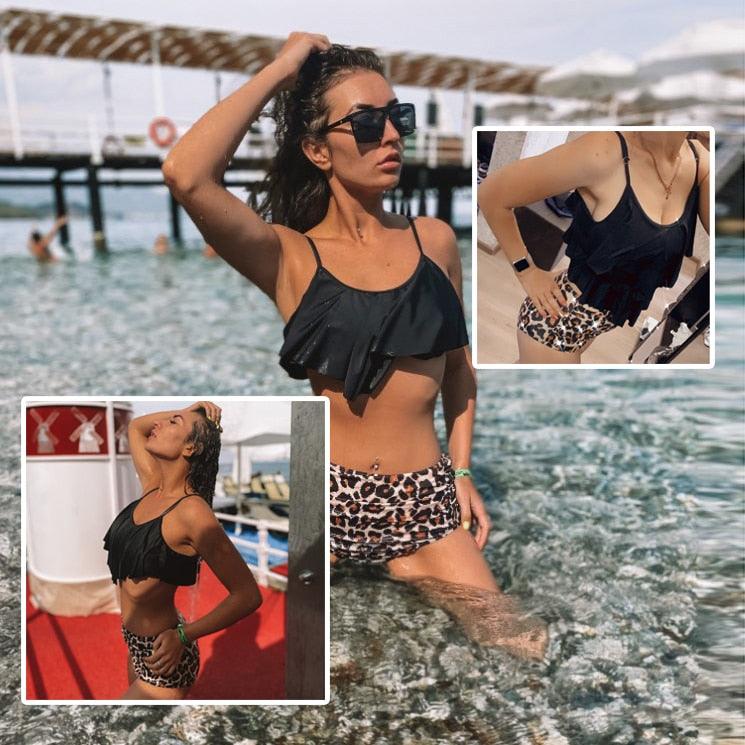 Ensemble de bikini à taille haute à volants Allure Léopard pour femmes