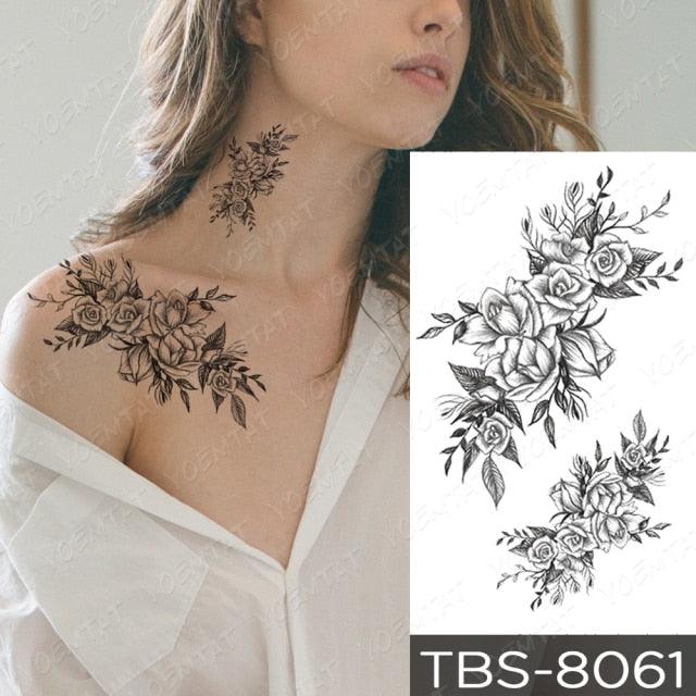 Elegant Black Sketch Flower Temporary Tattoo Sticker