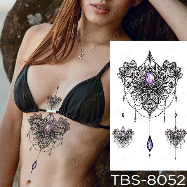 Elegant Black Sketch Flower Temporary Tattoo Sticker