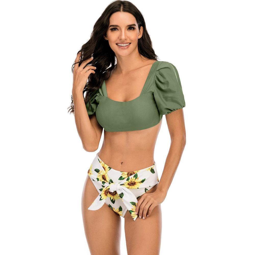 Chic High-Waisted Puff Sleeve Bikini Set for Women - Stylish Summer Swimwear - Korvel
