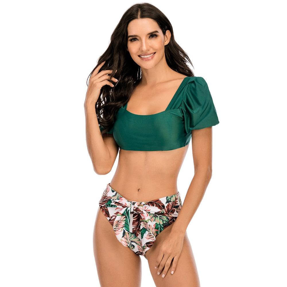 Chic High-Waisted Puff Sleeve Bikini Set for Women - Stylish Summer Swimwear - Korvel