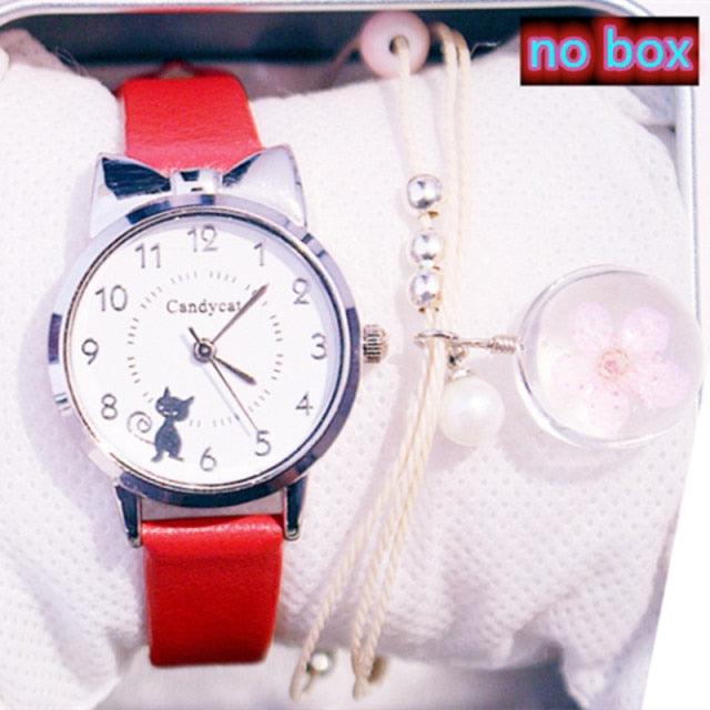 Ensemble de Montres pour Femmes avec Cadran Chat Charmant et Bracelet en Cuir Rose