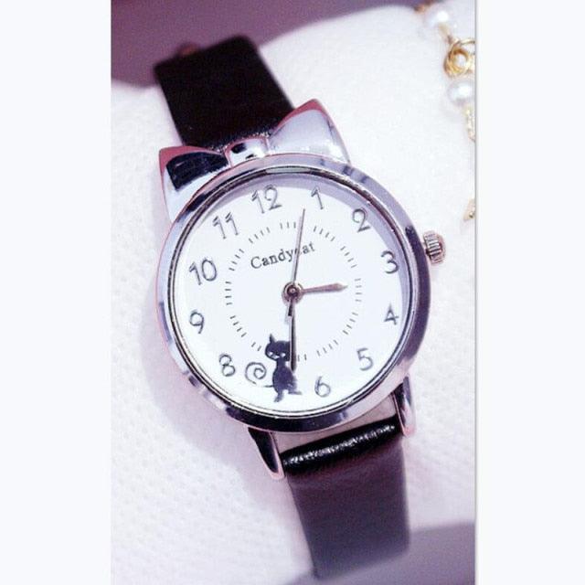 Ensemble de Montres pour Femmes avec Cadran Chat Charmant et Bracelet en Cuir Rose