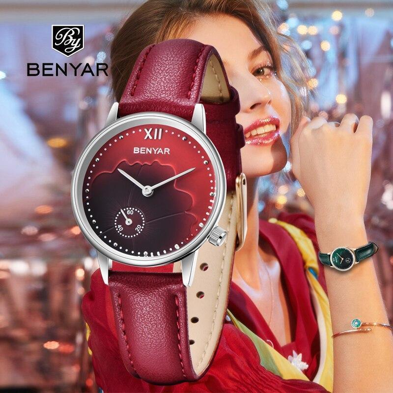 Montre à Quartz Rouge de Luxe pour Femme avec Bracelet en Cuir