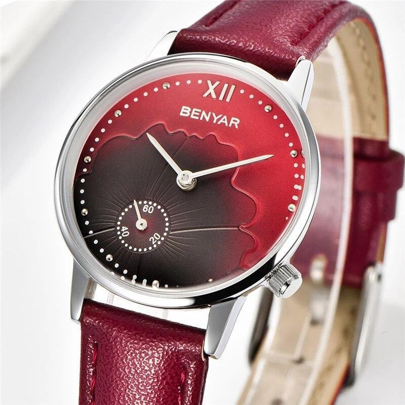 Montre à Quartz Rouge de Luxe pour Femme avec Bracelet en Cuir
