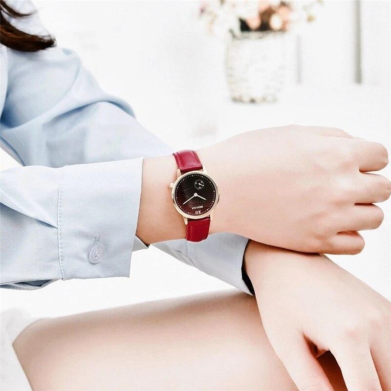 Montre à Quartz Rouge de Luxe pour Femme avec Bracelet en Cuir