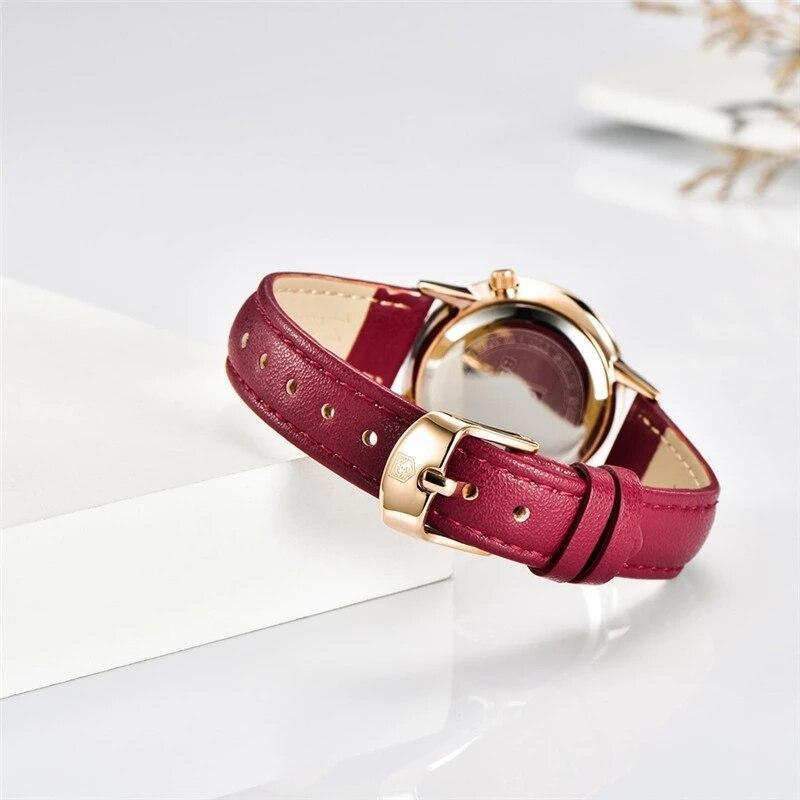 Montre à Quartz Rouge de Luxe pour Femme avec Bracelet en Cuir