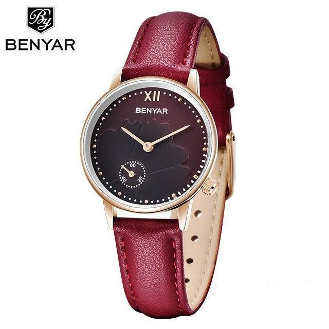Montre à Quartz Rouge de Luxe pour Femme avec Bracelet en Cuir