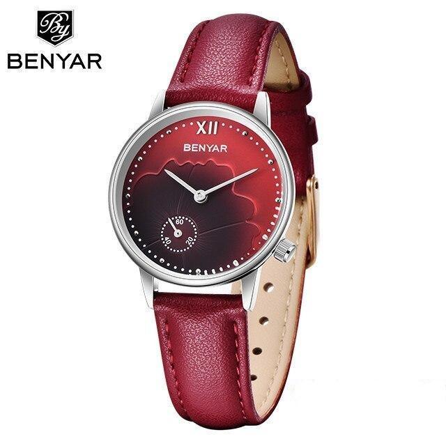 Montre à Quartz Rouge de Luxe pour Femme avec Bracelet en Cuir