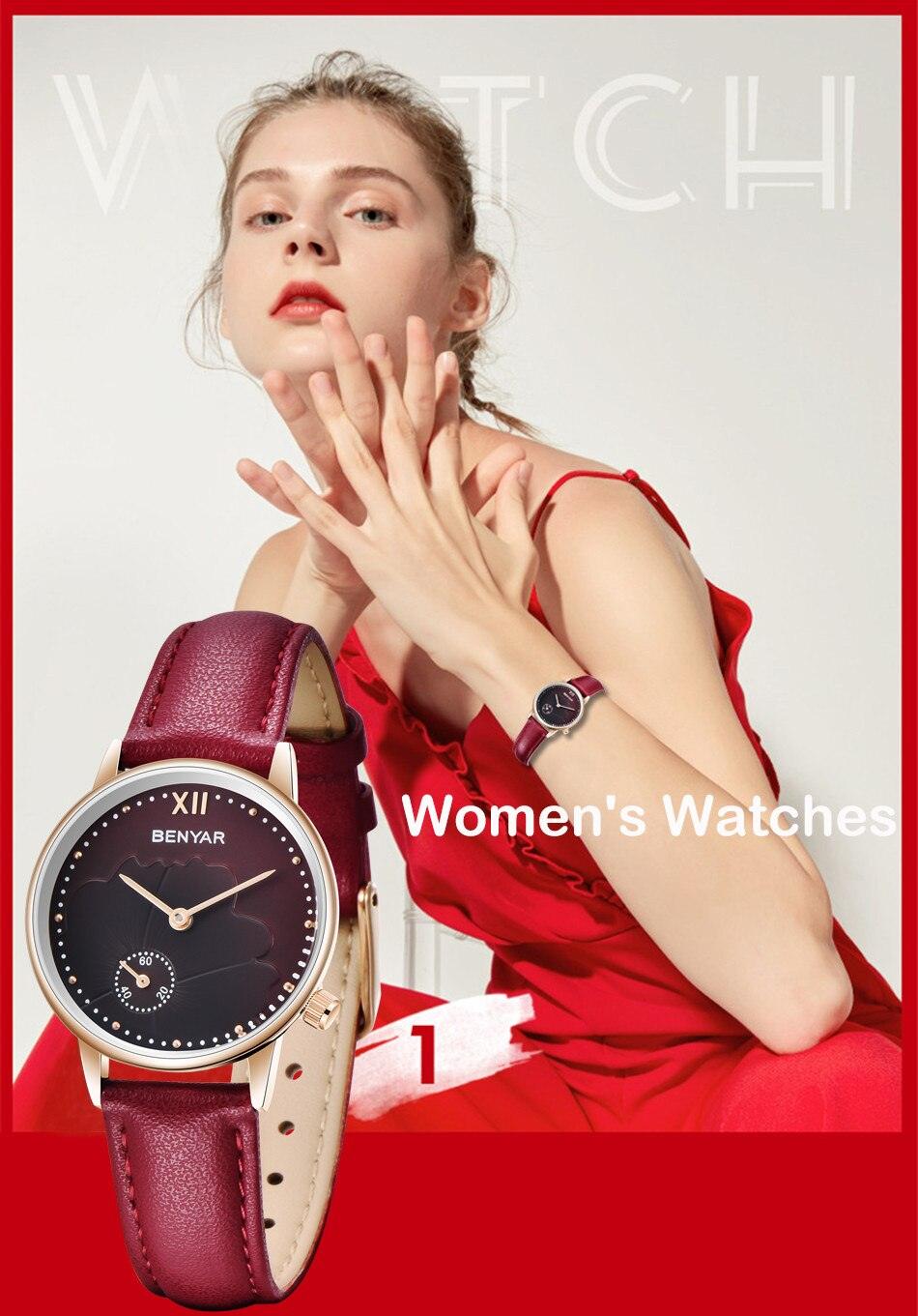 Montre à Quartz Rouge de Luxe pour Femme avec Bracelet en Cuir