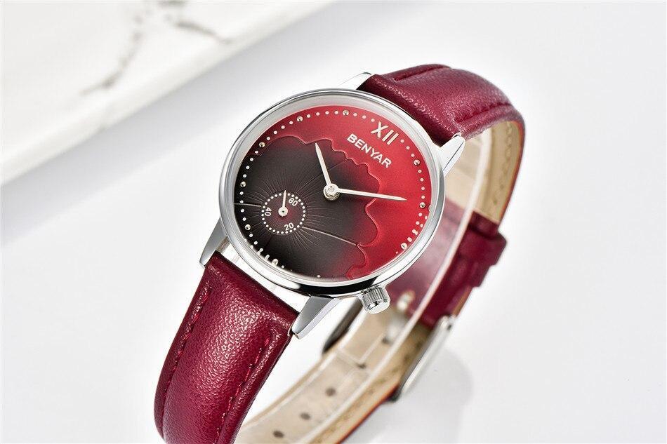 Montre à Quartz Rouge de Luxe pour Femme avec Bracelet en Cuir