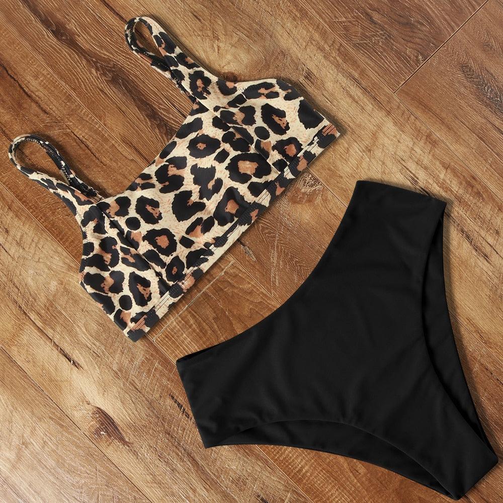 Ensemble de bikini à taille haute imprimé léopard pour femmes