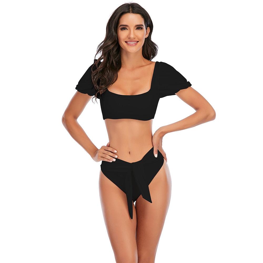 Chic High-Waisted Puff Sleeve Bikini Set for Women - Stylish Summer Swimwear - Korvel