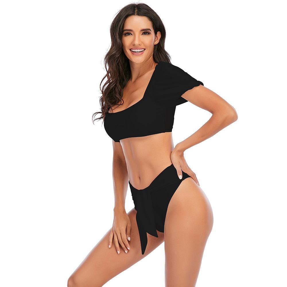 Chic High-Waisted Puff Sleeve Bikini Set for Women - Stylish Summer Swimwear - Korvel
