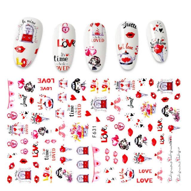Calcomanías de Arte de Uñas 3D - Letras en Inglés y Diseños de Corazón