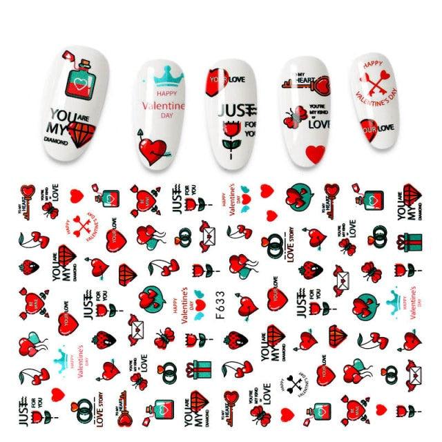 Calcomanías de Arte de Uñas 3D - Letras en Inglés y Diseños de Corazón