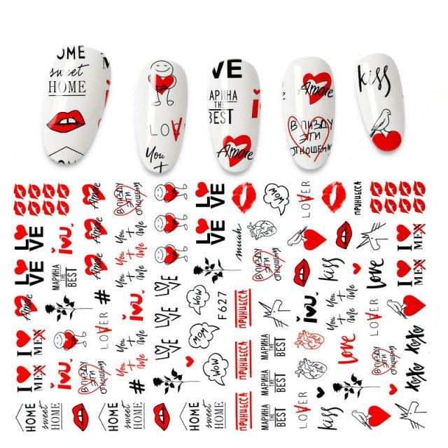Calcomanías de Arte de Uñas 3D - Letras en Inglés y Diseños de Corazón