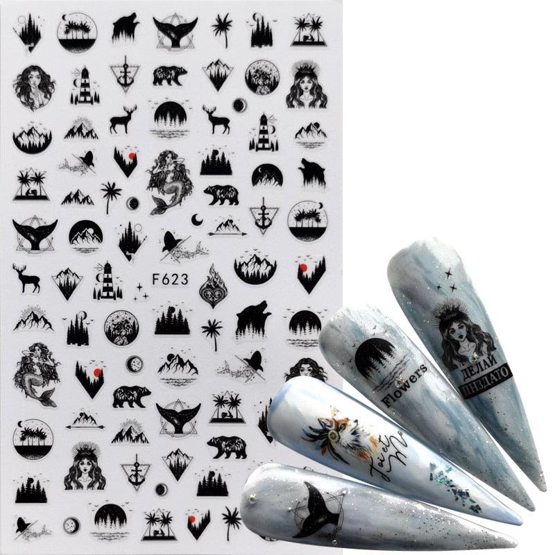 Elegant 3D Black Russia Letter Nail Art Stickers with Flamingo Design - Self-Adhesive Decals for Stunning Manicures - Korvel