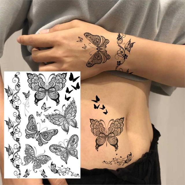 53 Hojas de Tatuajes Temporales de Encaje Negro para Mujeres