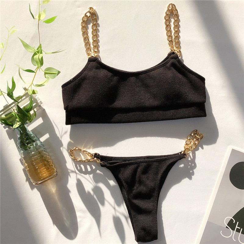 Modern Black Bikini Set with Chain Detail