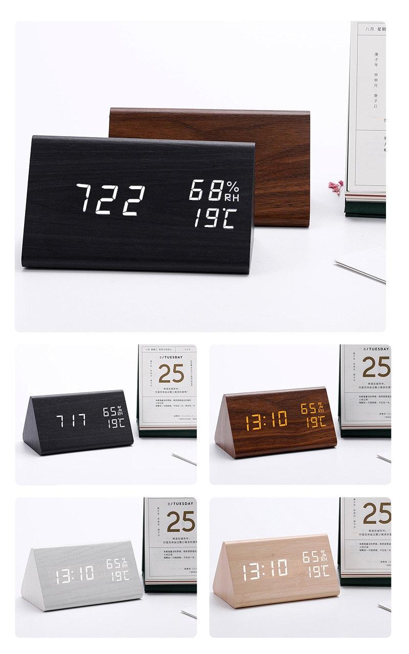 Elegant LED Wooden Alarm Clock with Temperature & Humidity Display - Korvel
