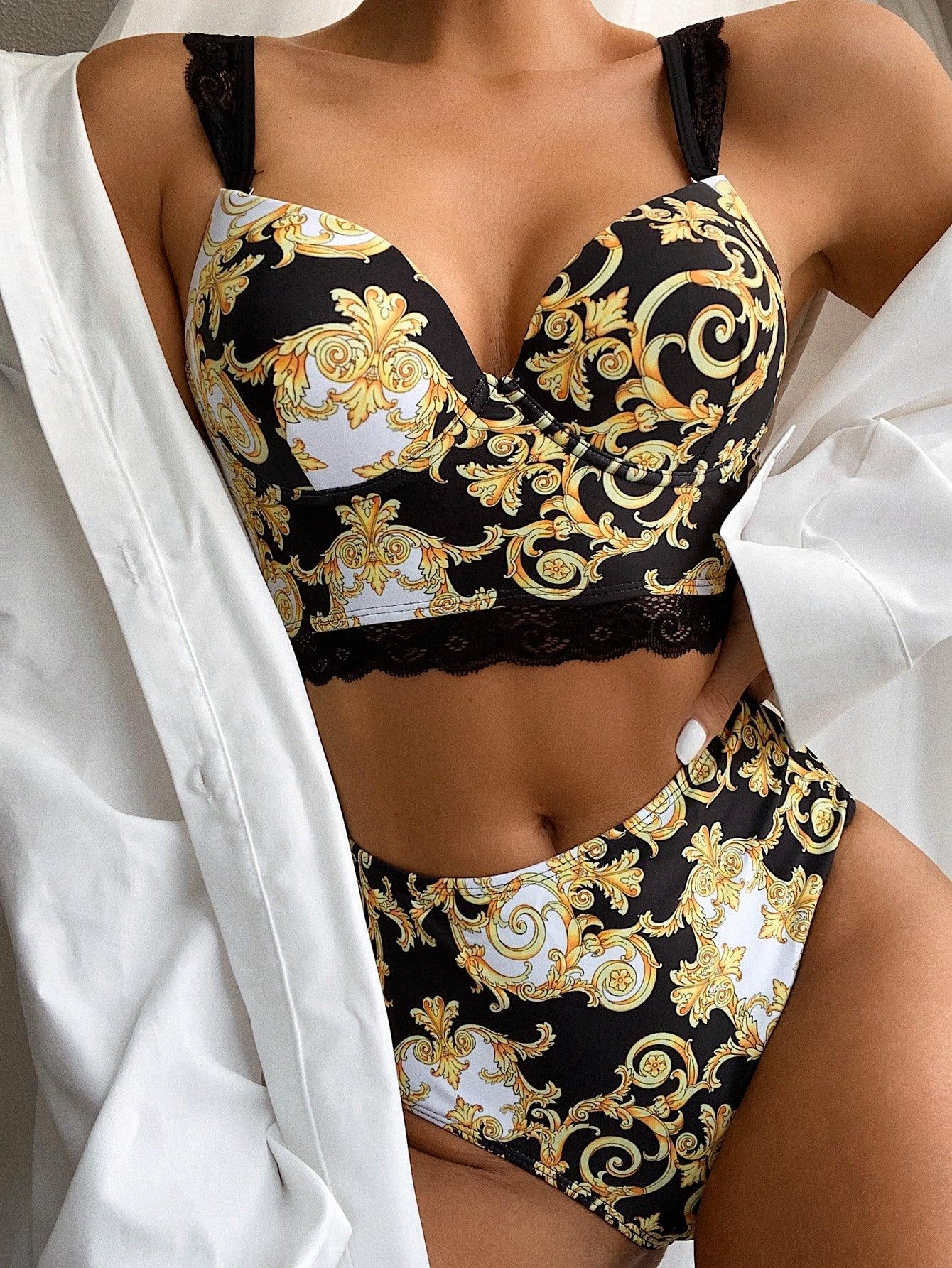 Vintage Black Print Women's High Waist Bikini Set