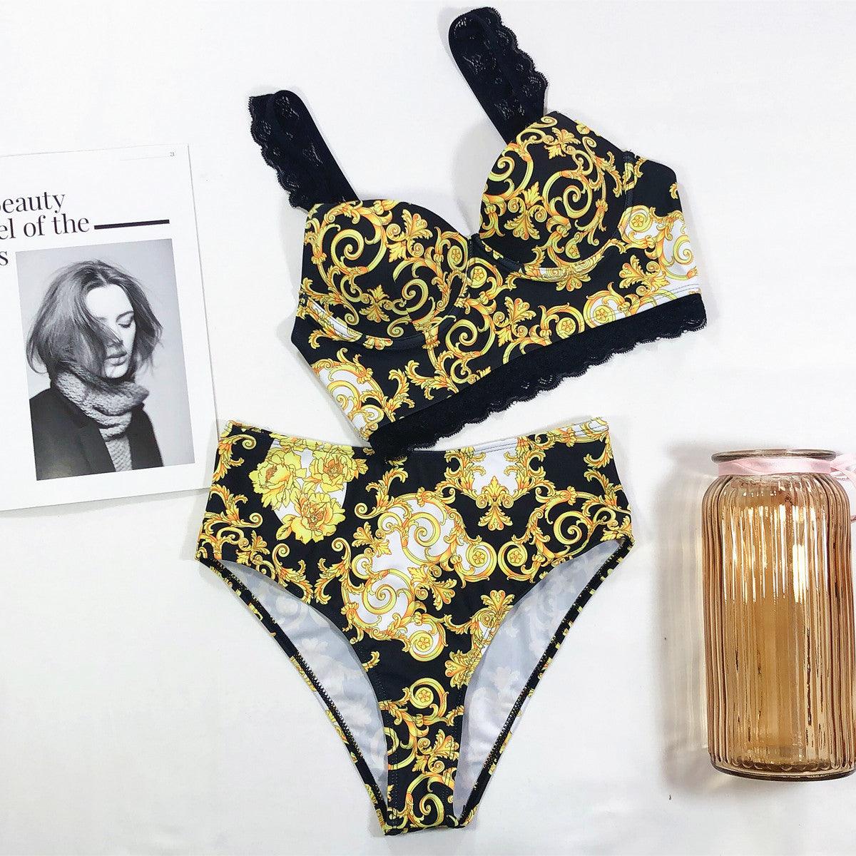 Vintage Black Print Women's High Waist Bikini Set