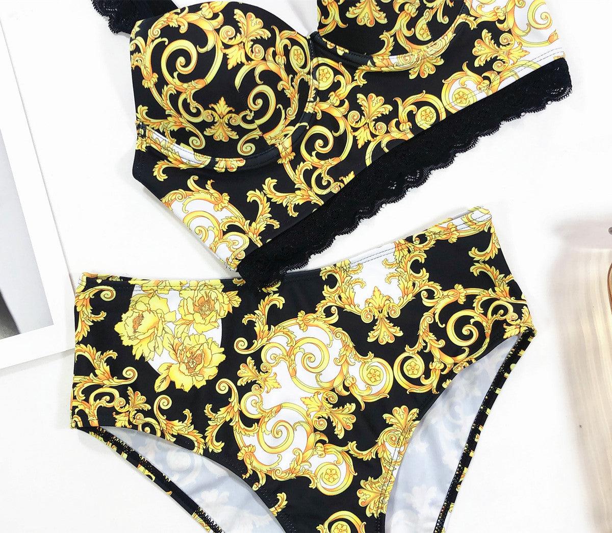 Vintage Black Print Women's High Waist Bikini Set