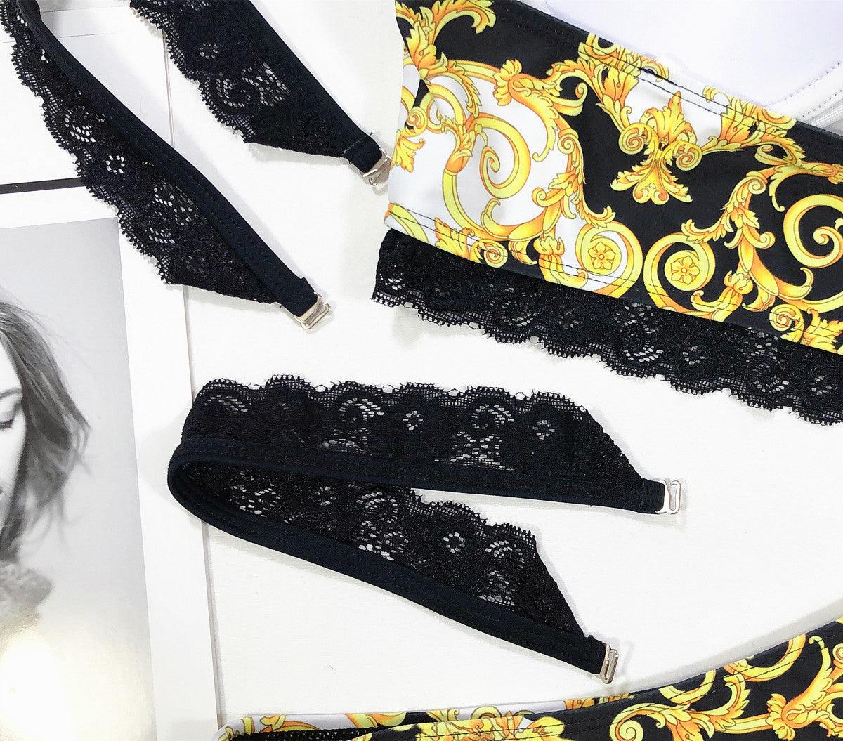 Vintage Black Print Women's High Waist Bikini Set