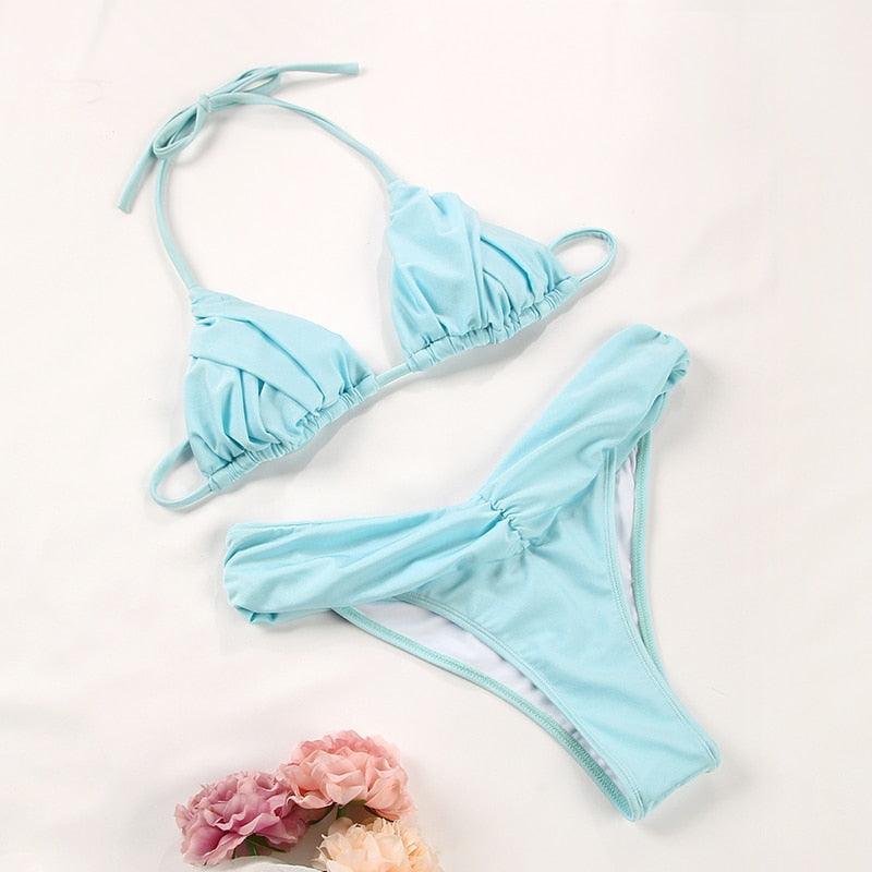 Vintage Print Handwork Bikini Set with Ruffles