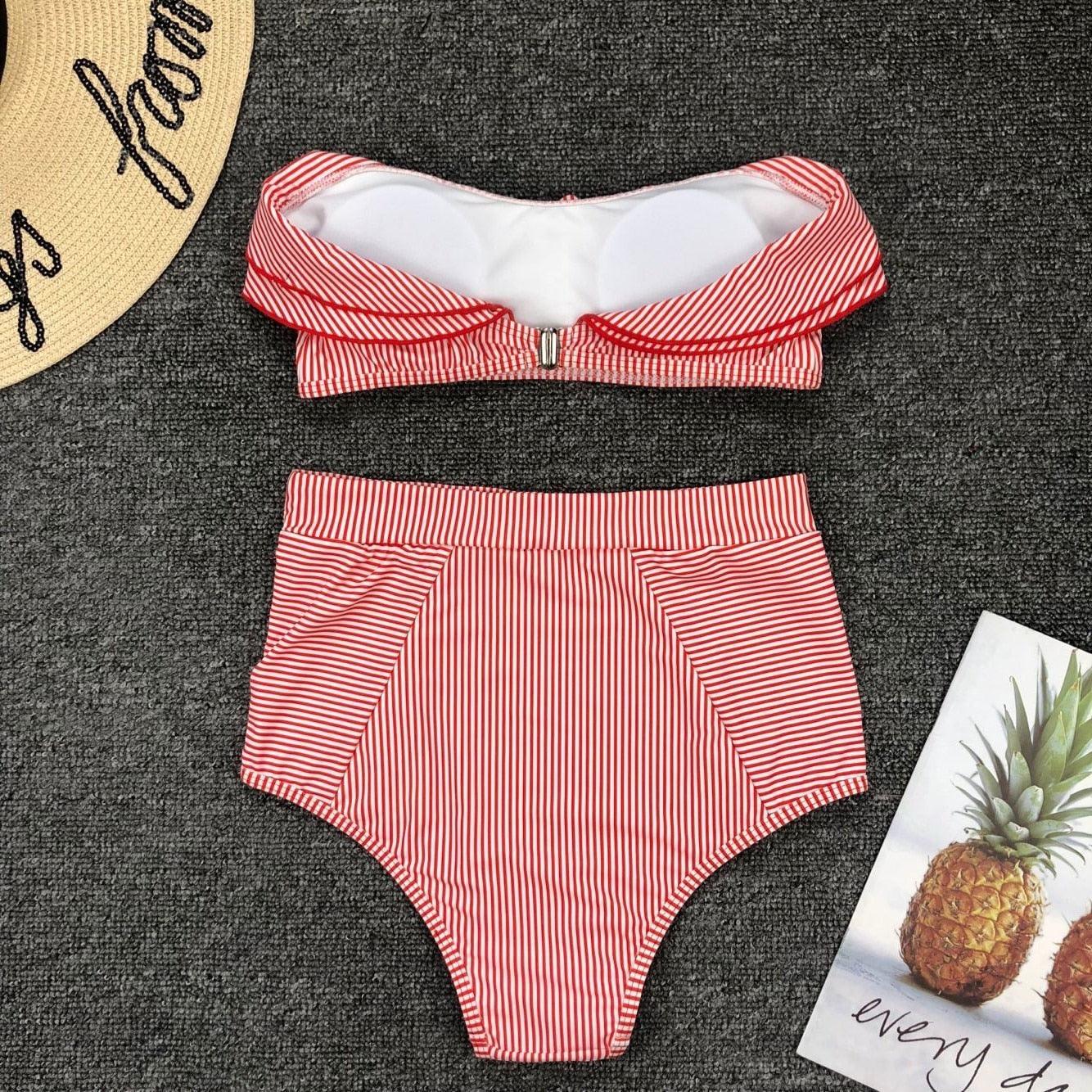 Conjunto de Bikini de Cintura Alta a Rayas Blancas y Azules Retro