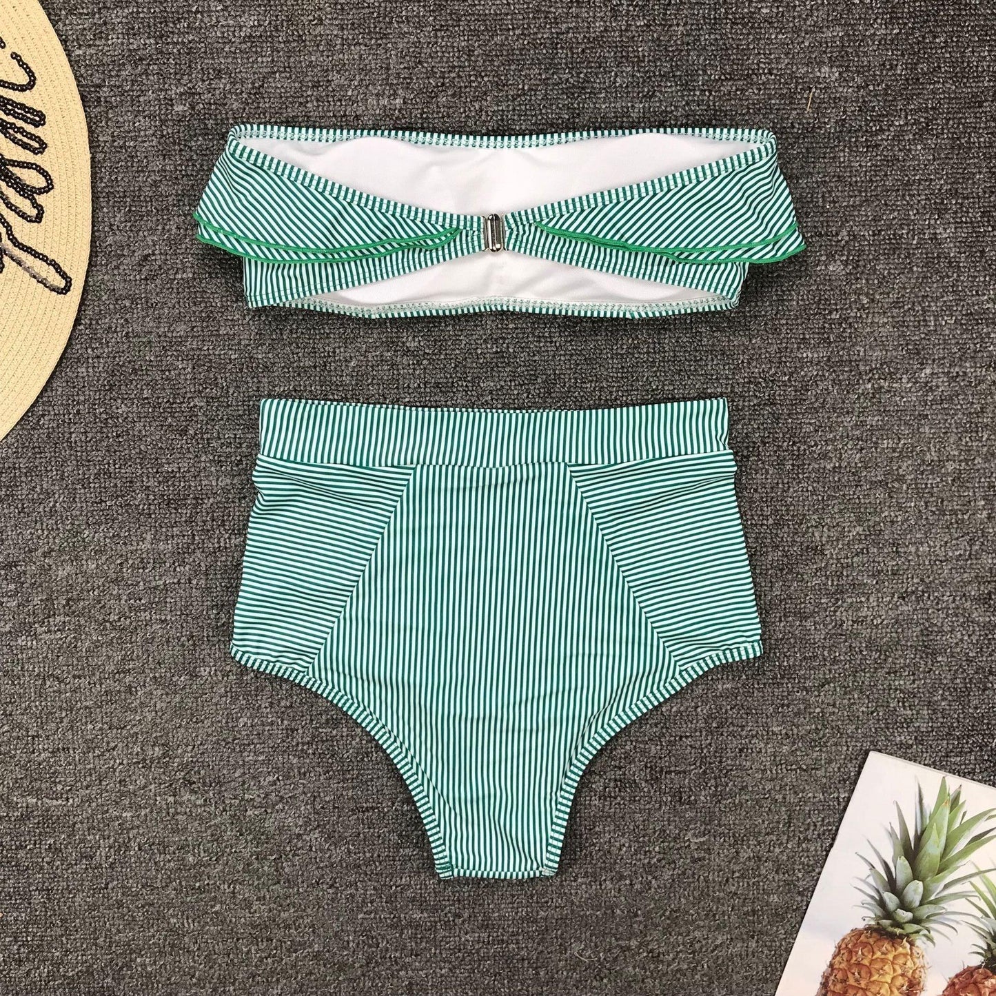 Conjunto de Bikini de Cintura Alta a Rayas Blancas y Azules Retro