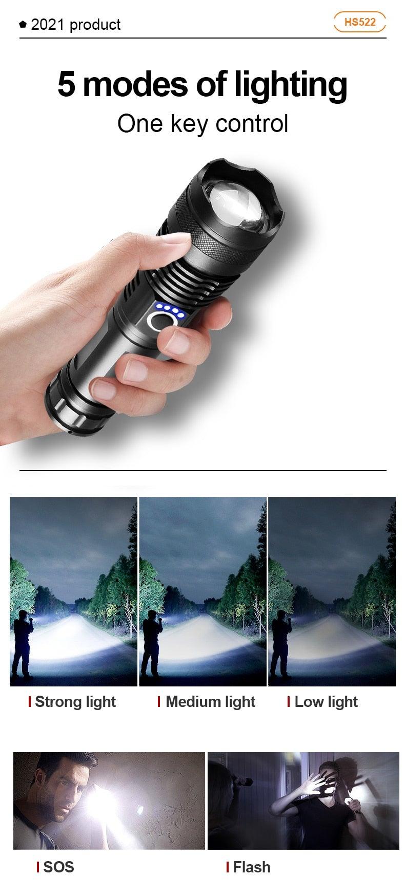 Linterna táctica recargable de alto lumen - Impermeable y con zoom