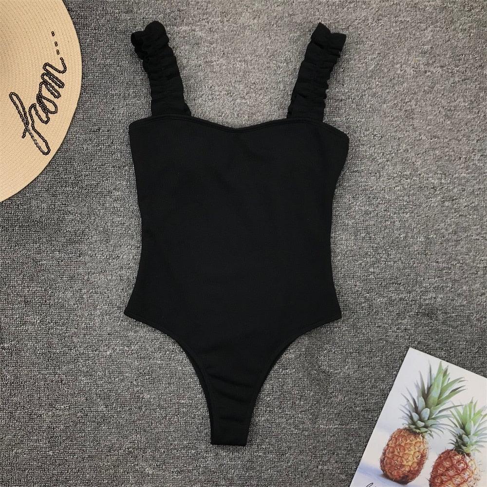 Elegant Black One-Piece Swimsuit with Ruffles