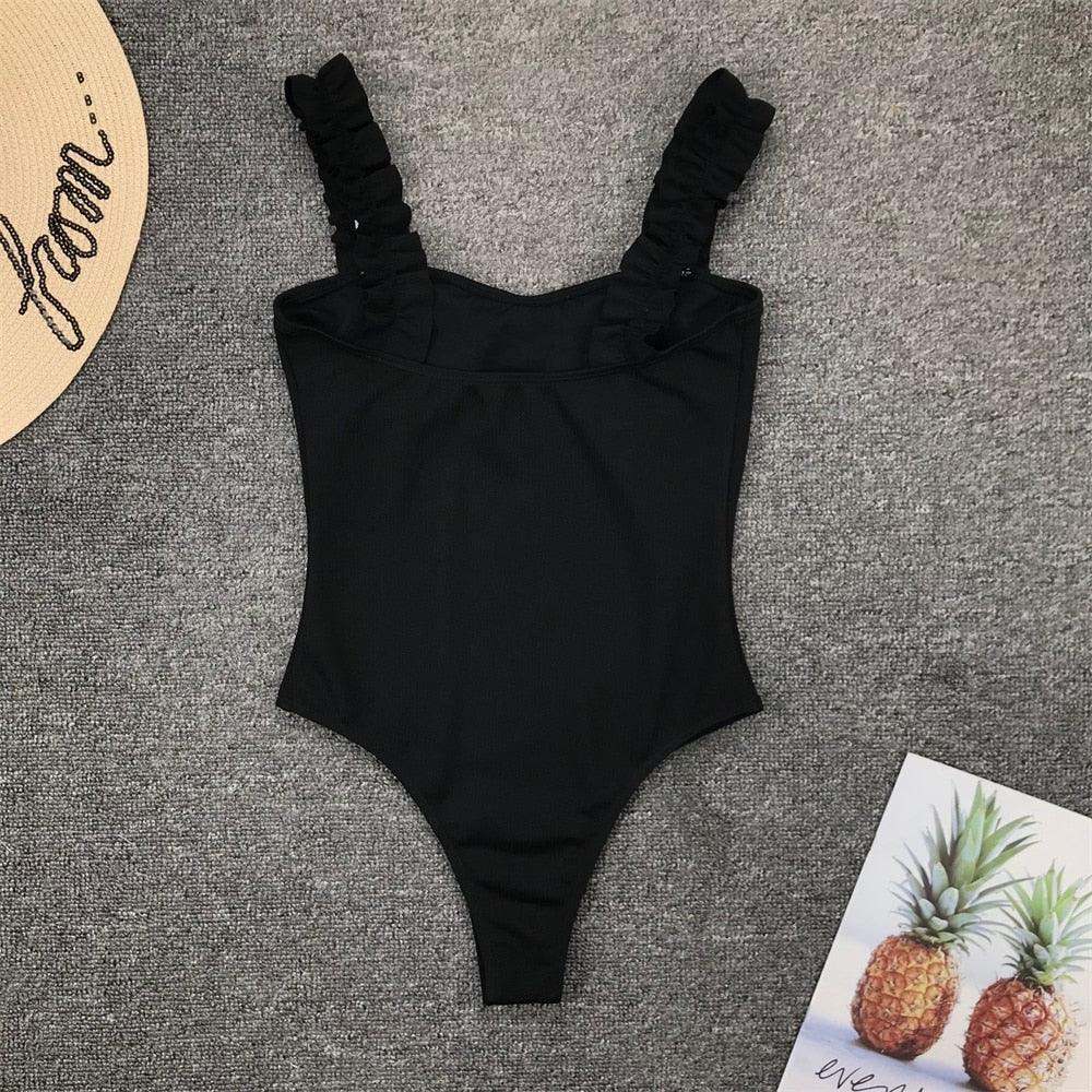 Elegant Black One-Piece Swimsuit with Ruffles