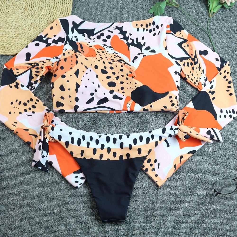 Conjunto de Bikini de Manga Larga con Estampado de Tigre para Mujeres