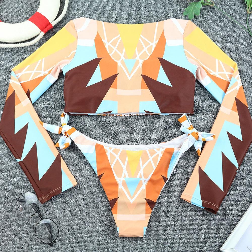 Conjunto de Bikini de Manga Larga con Estampado de Tigre para Mujeres