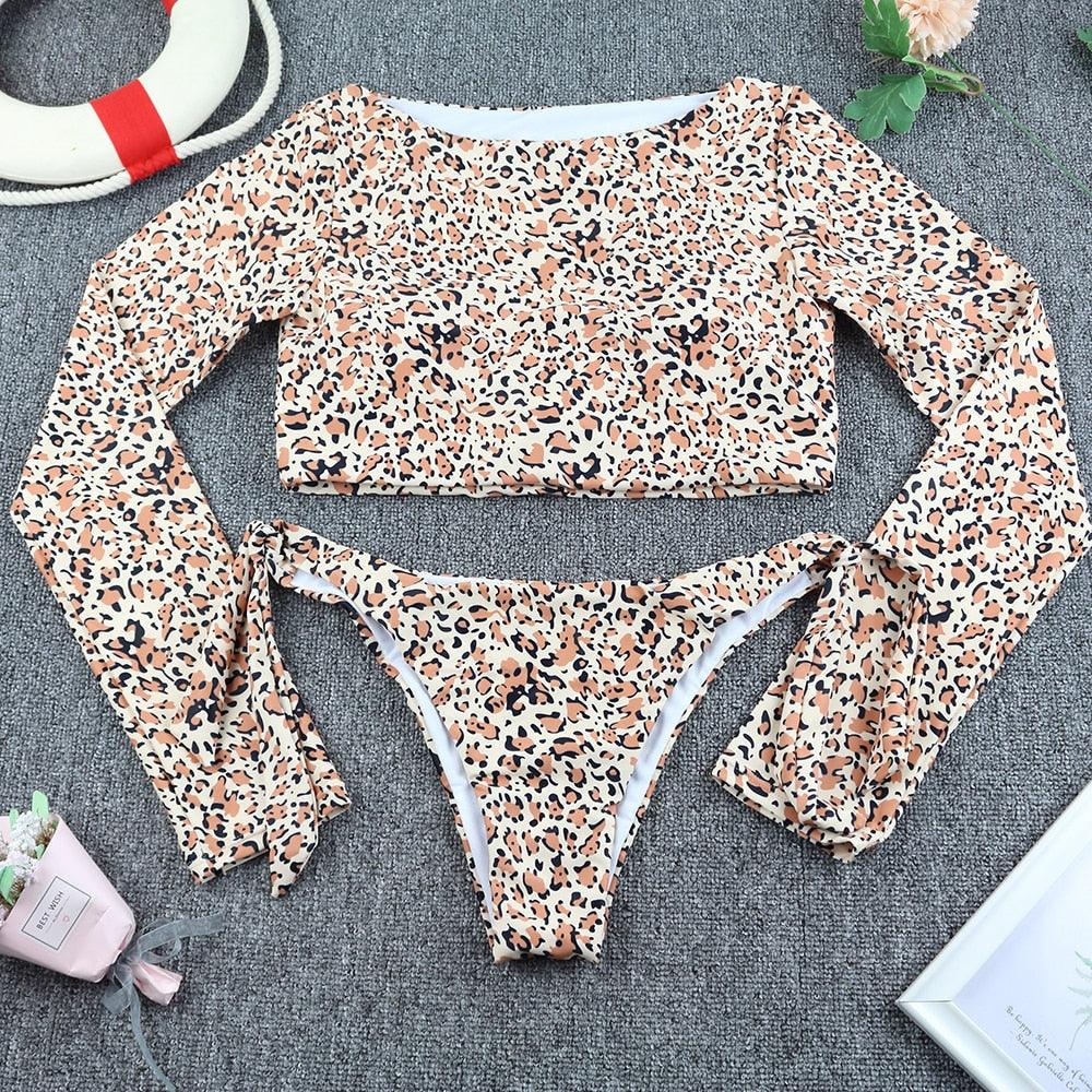 Conjunto de Bikini de Manga Larga con Estampado de Tigre para Mujeres