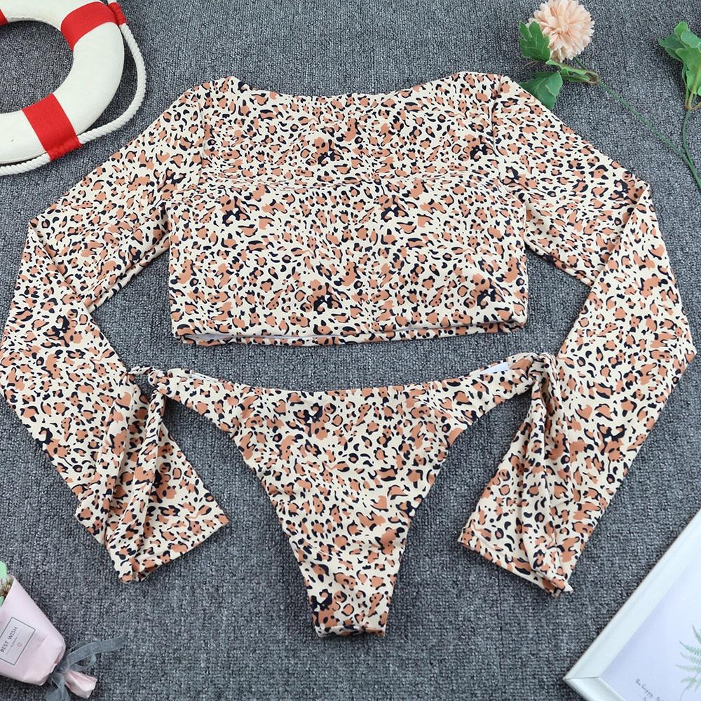 Conjunto de Bikini de Manga Larga con Estampado de Tigre para Mujeres