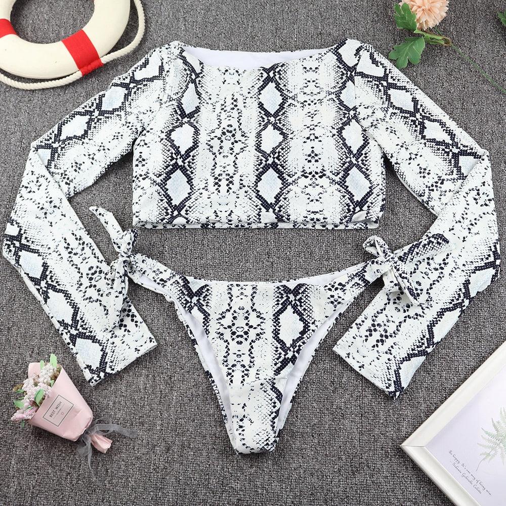 Conjunto de Bikini de Manga Larga con Estampado de Tigre para Mujeres