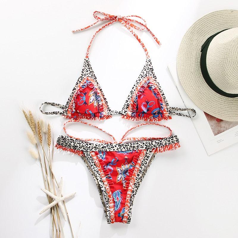 Vintage Print Halter Bikini Set for Women